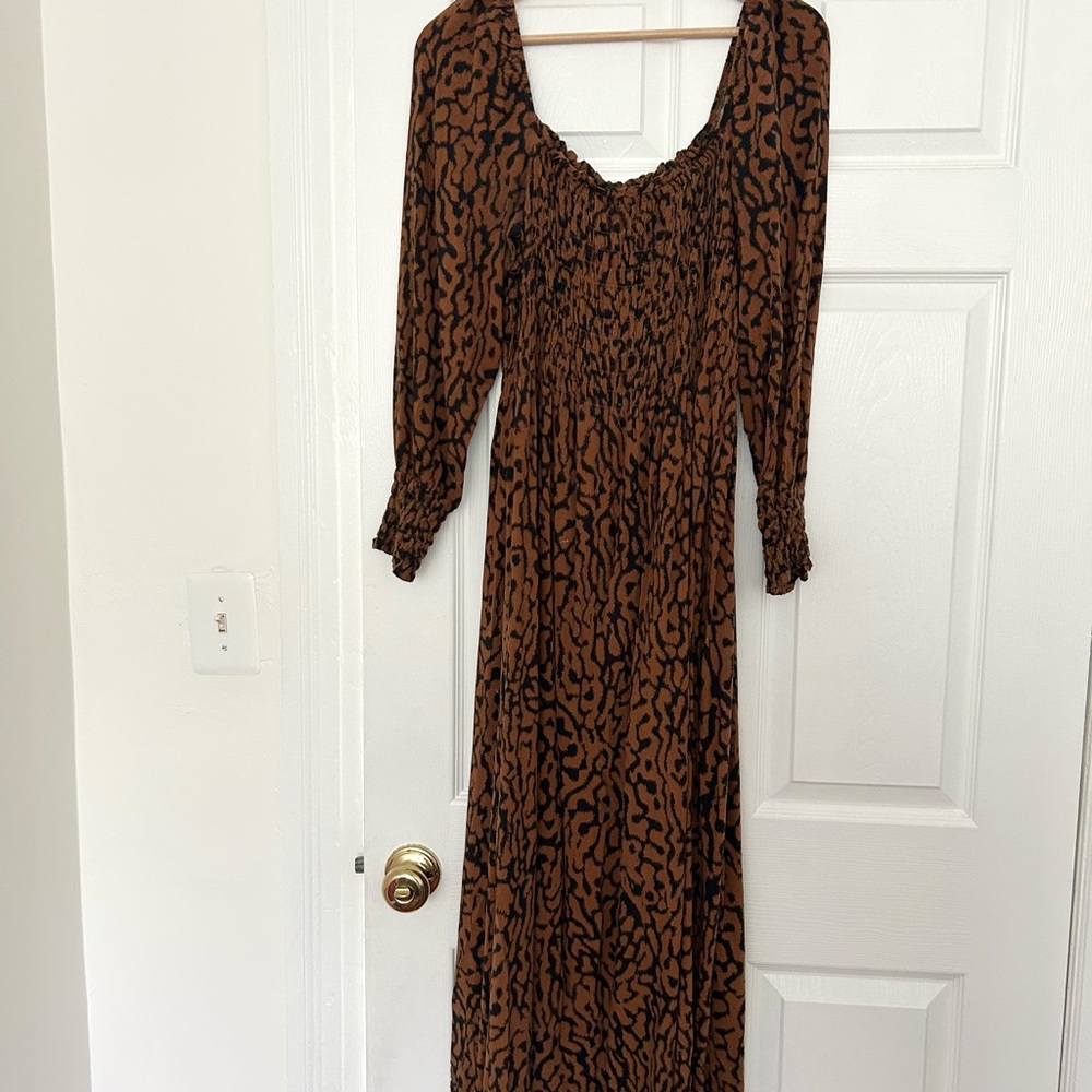 Brown Patterned H&M Long Sleeve Maxi Dress